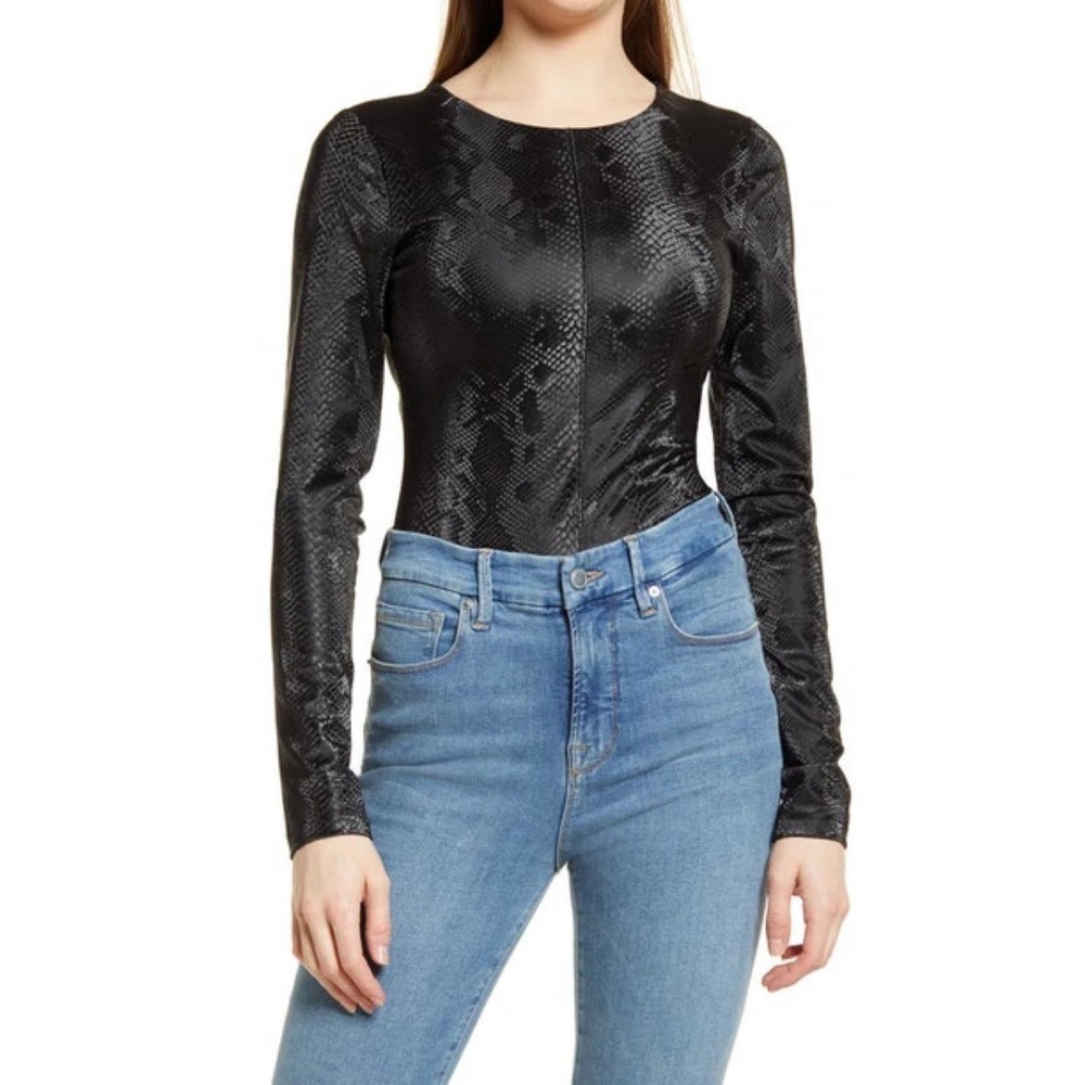 Good American Faux Leather Bodysuit In Black Snake Women's Size 2(M)